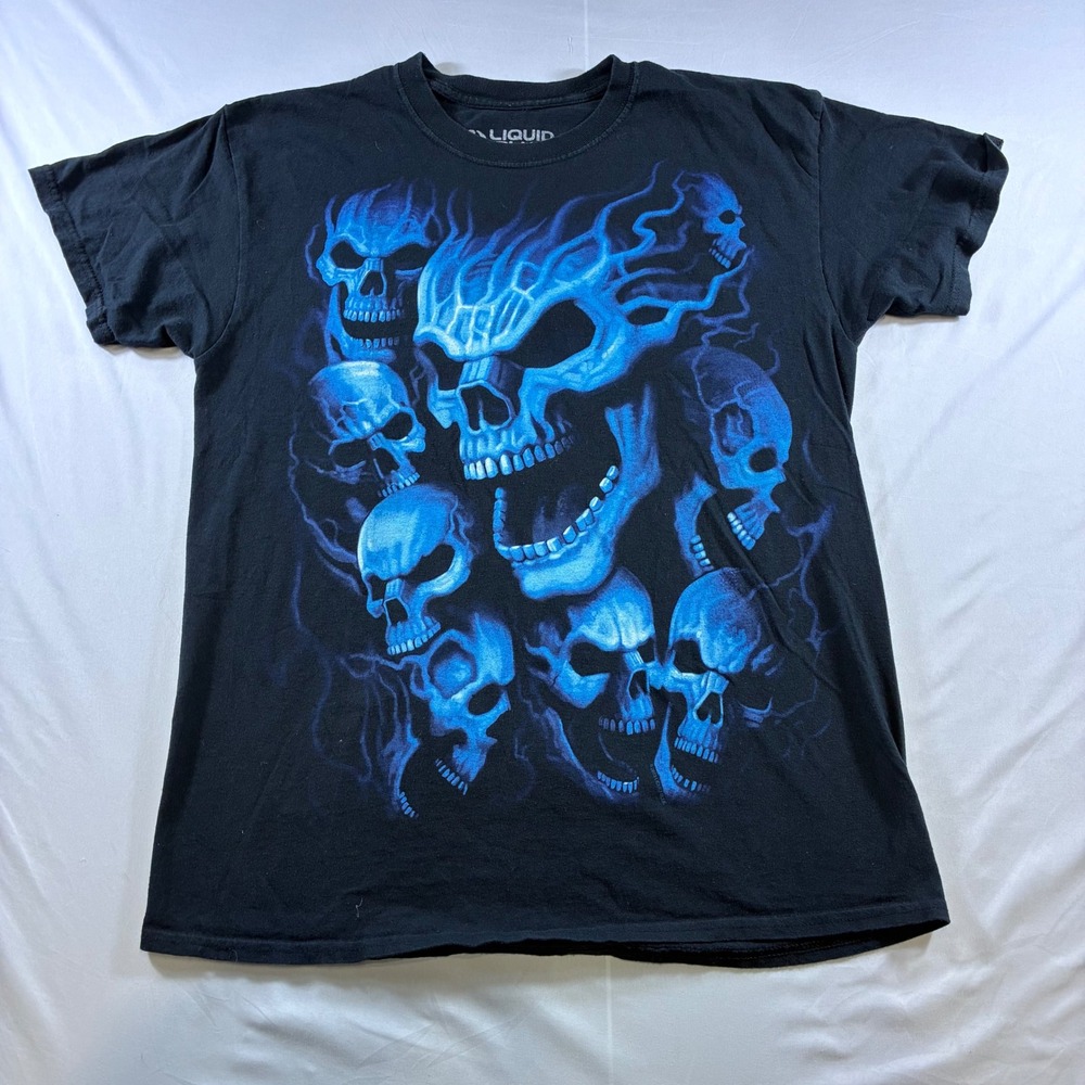 Liquid Blue Flaming Skulls T-Shirt Mens Large Black Blue Graphic Tee VTG Y2K